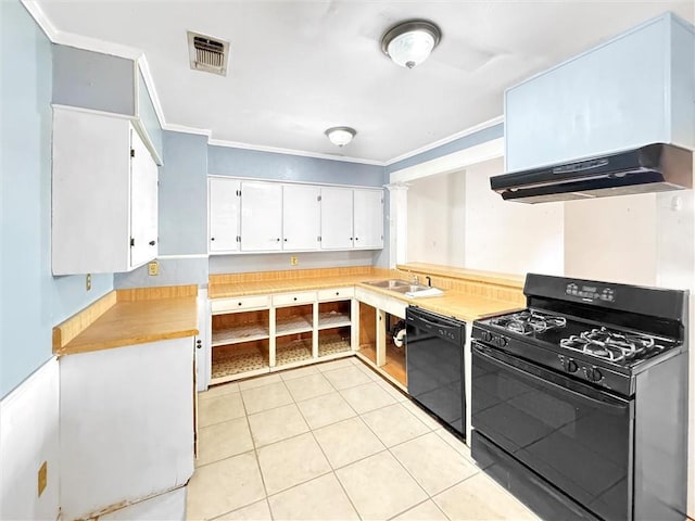 kitchen featuring light tile patterned floors, extractor fan, white cabinetry, ornamental molding, and black appliances