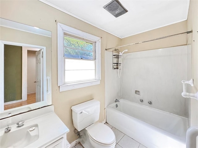 full bathroom with toilet, vanity, tile patterned floors, and shower / bathtub combination