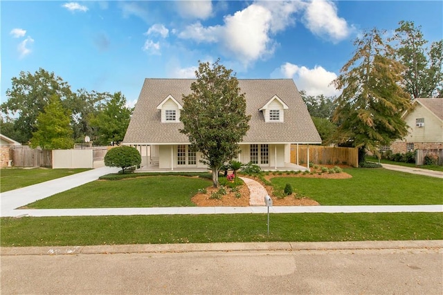 cape cod-style house with a porch and a front lawn