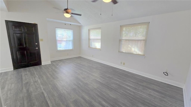 foyer featuring dark wood-type flooring, ceiling fan, and lofted ceiling