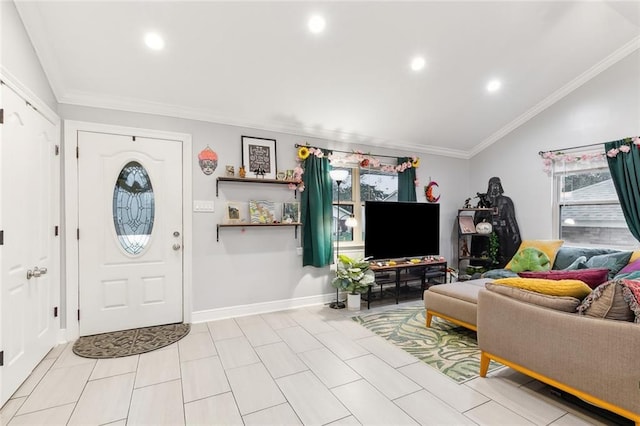 entryway with ornamental molding, vaulted ceiling, and light tile patterned flooring