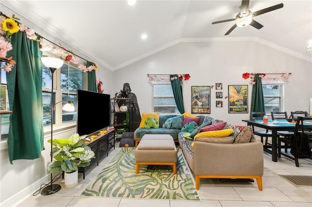 tiled living room with lofted ceiling, ornamental molding, and ceiling fan