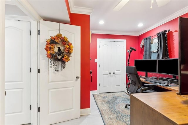 tiled home office featuring ornamental molding and ceiling fan