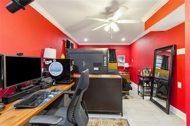 tiled office space with ornamental molding and ceiling fan