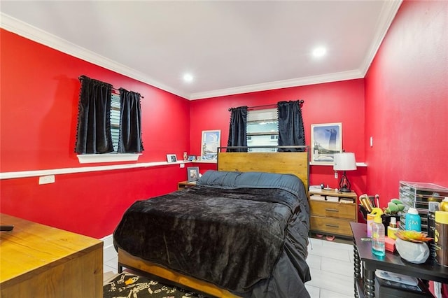 tiled bedroom featuring crown molding