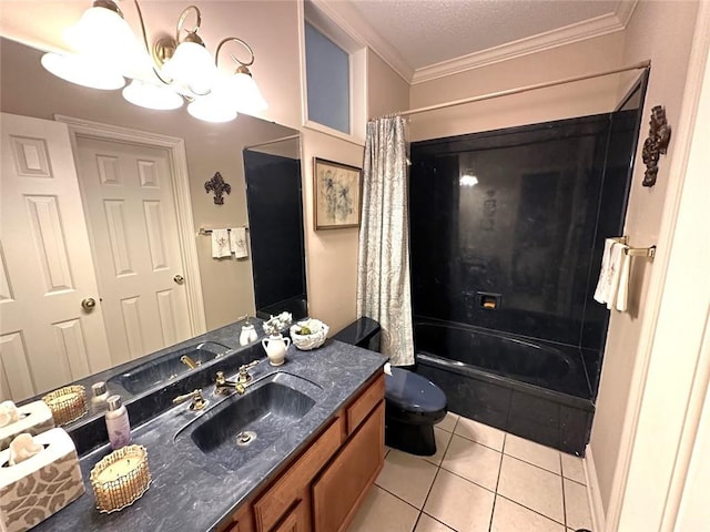 full bathroom with crown molding, vanity, toilet, tile patterned flooring, and shower / tub combo with curtain