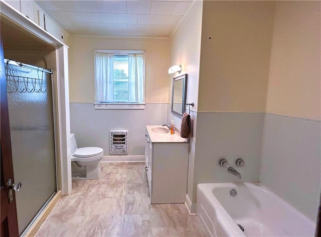 253 Central Ave, Reserve, LA 70084 - bathroom featuring heating unit, vanity, a garden tub, a stall shower, and marble finish floors