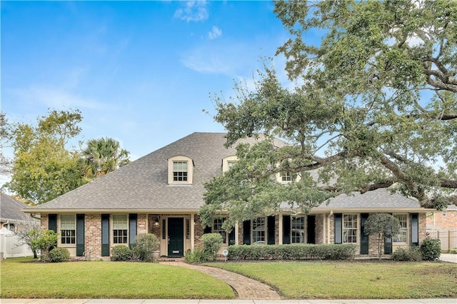 view of front of property featuring a front yard, fence, brick siding, and roof with shingles