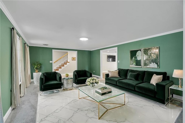 living area with stairs, baseboards, and ornamental molding