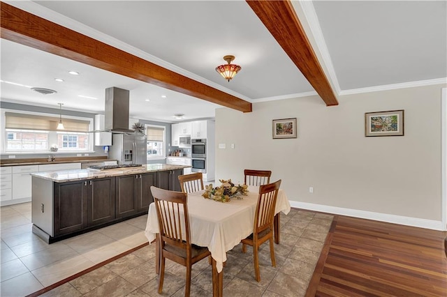 dining space featuring baseboards, visible vents, beam ceiling, recessed lighting, and ornamental molding