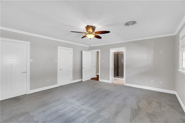 6409 Bertha Dr, New Orleans, LA 70122 - unfurnished bedroom featuring ornamental molding, baseboards, carpet flooring, ensuite bath, and a ceiling fan