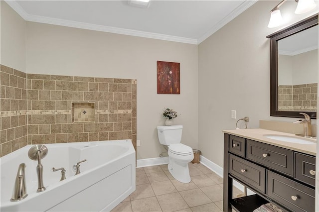 bathroom featuring toilet, tile patterned floors, a bath, and crown molding