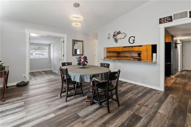 dining space featuring dark wood-type flooring