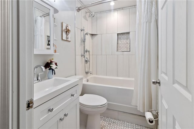 full bathroom featuring vanity, toilet, shower / tub combo, and tile patterned flooring