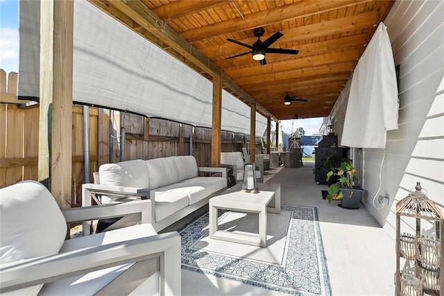 view of patio / terrace featuring ceiling fan and an outdoor hangout area