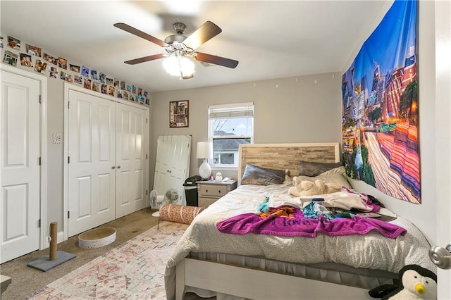 carpeted bedroom featuring ceiling fan