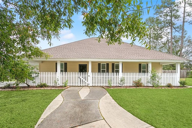 view of front of property featuring covered porch and a front yard