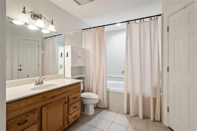 full bathroom with shower / bath combination with curtain, toilet, tile patterned floors, and vanity