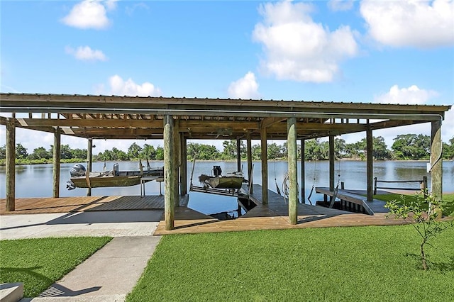 view of dock with a water view and boat lift