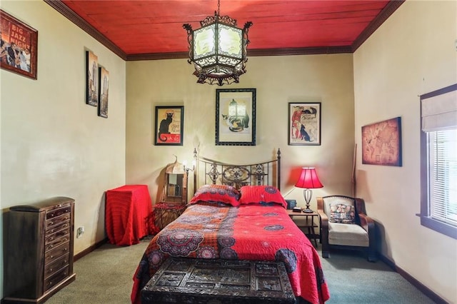 carpeted bedroom with crown molding, wood ceiling, and heating unit