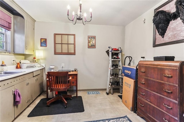 interior space featuring decorative light fixtures, a chandelier, and sink