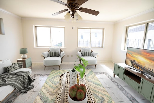 tiled living room with a wealth of natural light, ornamental molding, and ceiling fan