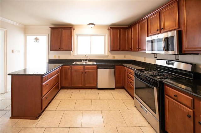 kitchen featuring stainless steel appliances, ornamental molding, sink, and light tile patterned flooring