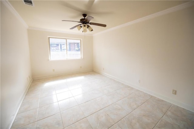 tiled spare room featuring crown molding and ceiling fan