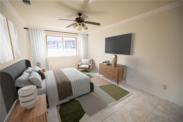 tiled bedroom with ornamental molding and ceiling fan