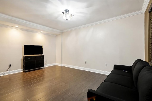 living room with crown molding and dark hardwood / wood-style flooring