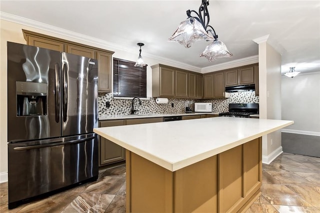 kitchen with black gas stove, crown molding, a kitchen island, range hood, and stainless steel fridge