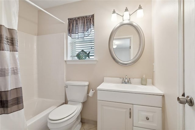 full bathroom featuring vanity, toilet, tile patterned floors, and shower / bathtub combination with curtain