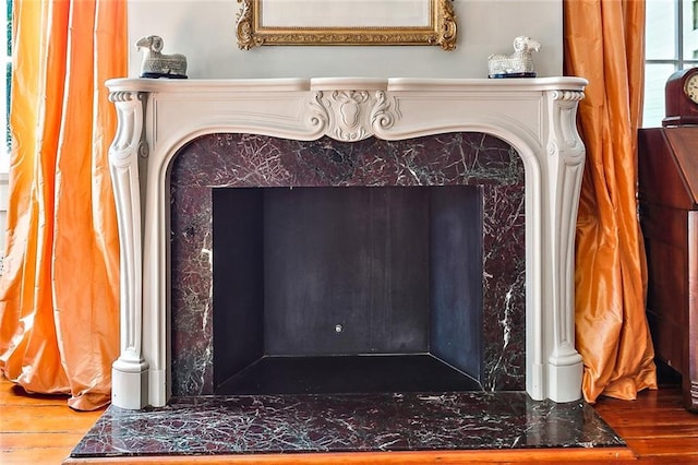 room details with wood-type flooring and a fireplace