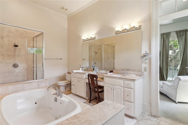 bathroom with vanity, crown molding, and plus walk in shower