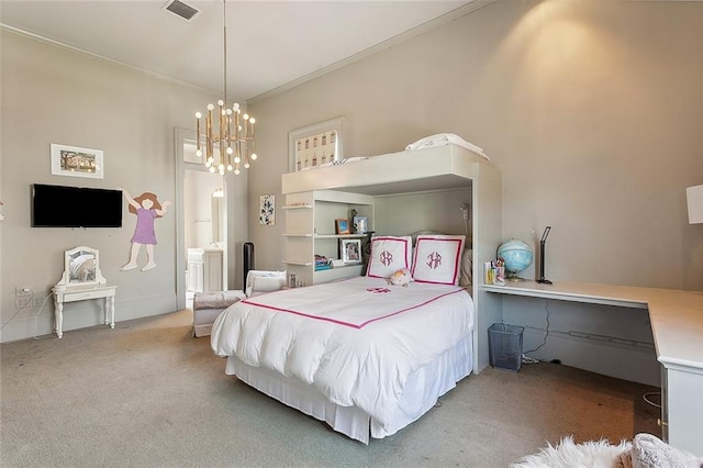 carpeted bedroom with ornamental molding, connected bathroom, and a notable chandelier