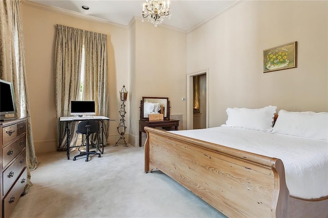 carpeted bedroom featuring crown molding and a notable chandelier