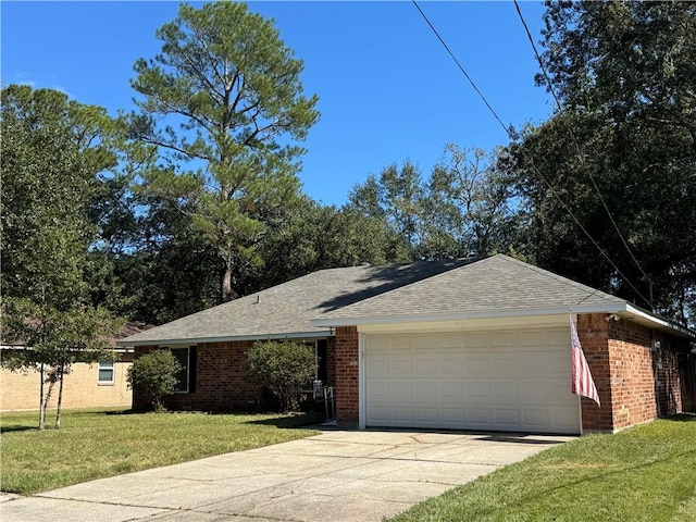 single story home with a garage and a front yard