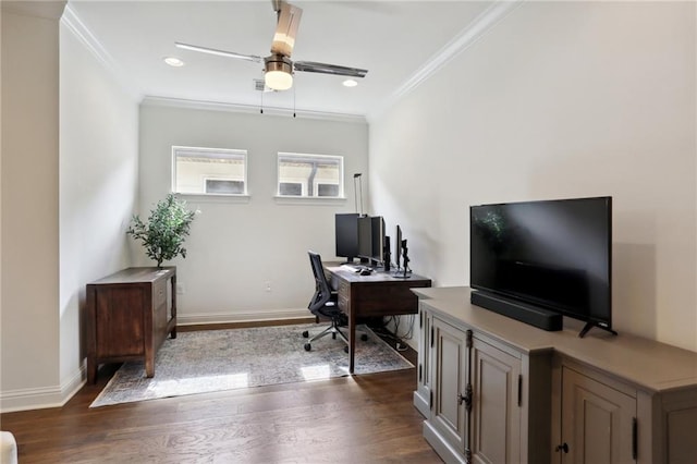 office area with ceiling fan, ornamental molding, and dark hardwood / wood-style floors