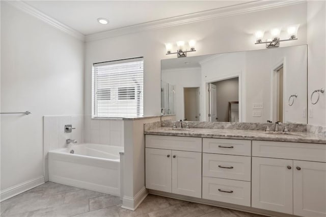 bathroom featuring a bath, tile patterned floors, ornamental molding, and vanity