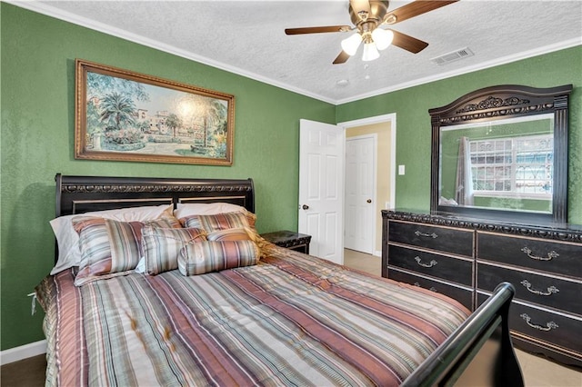 bedroom with ceiling fan, ornamental molding, and a textured ceiling