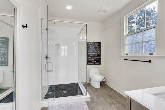 bathroom with vanity, wood-type flooring, toilet, and an enclosed shower