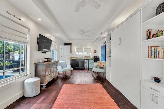 interior space featuring ceiling fan, sink, and dark hardwood / wood-style flooring