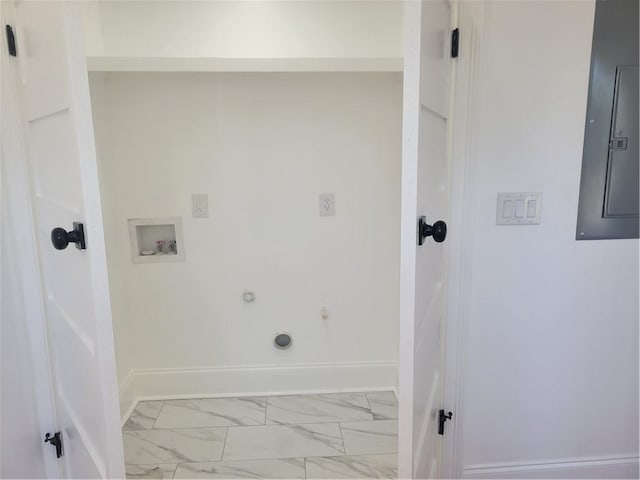 laundry area featuring electric panel, washer hookup, and hookup for a gas dryer