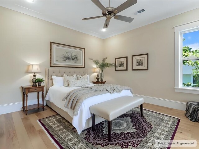 bedroom with light wood-type flooring, visible vents, baseboards, and ceiling fan