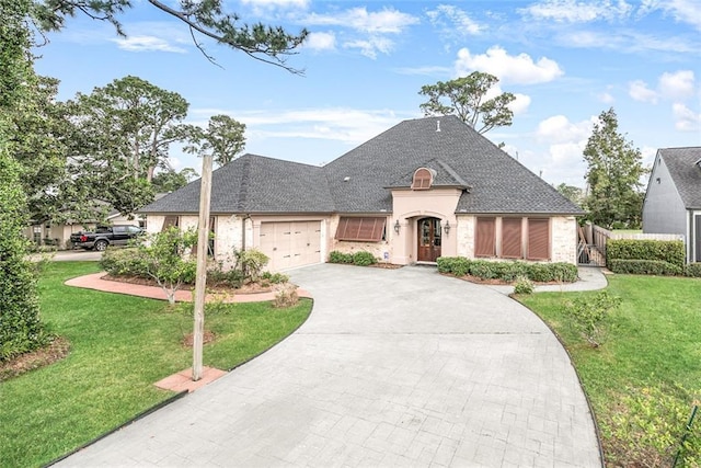 french country home with a front yard and a garage