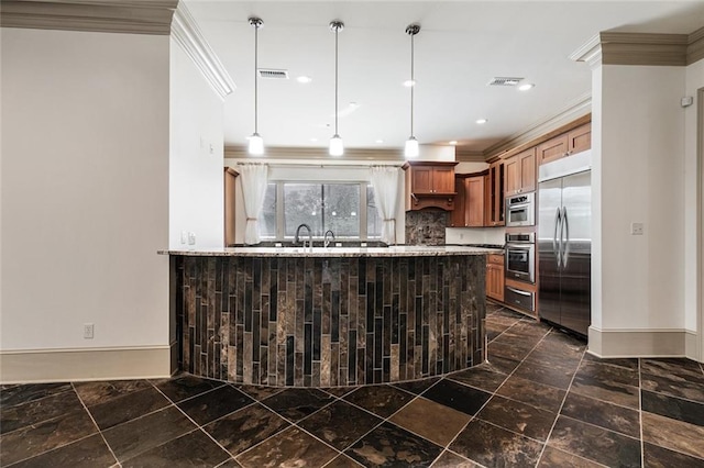 kitchen with kitchen peninsula, decorative backsplash, light stone countertops, stainless steel appliances, and hanging light fixtures