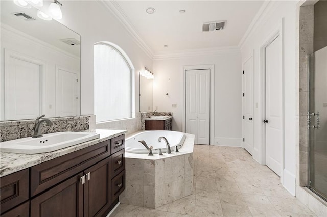 bathroom featuring crown molding, vanity, and plus walk in shower