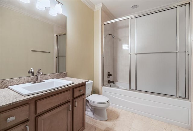 full bathroom with vanity, toilet, crown molding, and enclosed tub / shower combo