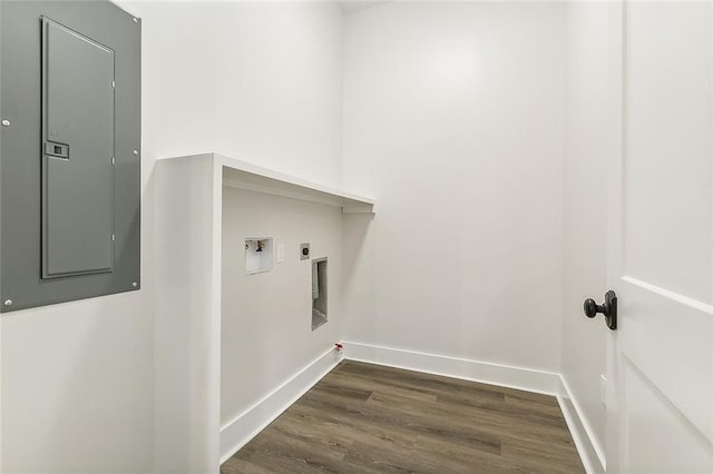 laundry area with electric dryer hookup, washer hookup, electric panel, and dark hardwood / wood-style floors