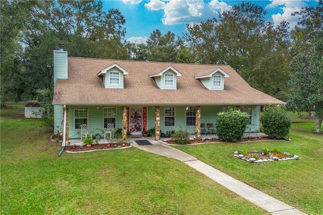 cape cod-style house featuring a shed, a front yard, and a porch